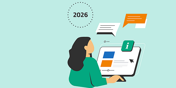 Eine Person sitzt an einem Computer und interagiert mit mehreren Nachrichtensymbolen. Oben rechts steht die Jahreszahl 2026. Die Darstellung legt den Fokus auf digitale Kommunikation und Informationssuche.