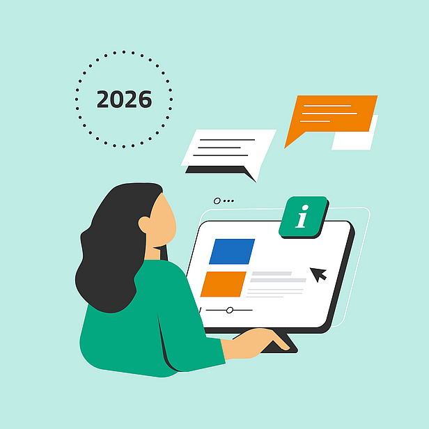 Eine Person sitzt an einem Computer und interagiert mit mehreren Nachrichtensymbolen. Oben rechts steht die Jahreszahl 2026. Die Darstellung legt den Fokus auf digitale Kommunikation und Informationssuche.
