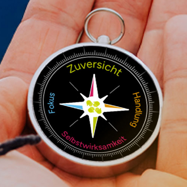Der Bildungskongress Versicherungswirtschaft 2026 feiert 25 Jahre. Das Design zeigt ein Kompass-Symbol mit dem Wort "Zuversicht" in der Mitte. Der Hintergrund ist verschwommen, und eine Hand hält den Kompass. Die Jahreszahlen 2001-2026 sind ebenfalls visuell hervorgehoben.