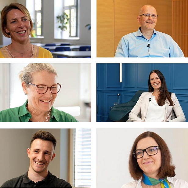 Sechs Porträts von Personen in verschiedenen Indoor-Umgebungen. Jede Person lächelt und schaut in die Kamera. Die Aufteilung zeigt eine freundliche Atmosphäre und vermittelt Offenheit und Dialogbereitschaft.