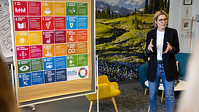 Eine Person steht vor einem Flipchart mit den 17 Zielen für nachhaltige Entwicklung der Vereinten Nationen. Sie gestikuliert, während sie spricht. Im Hintergrund sind eine grüne Landschaft und eine Sitzgelegenheit sichtbar.