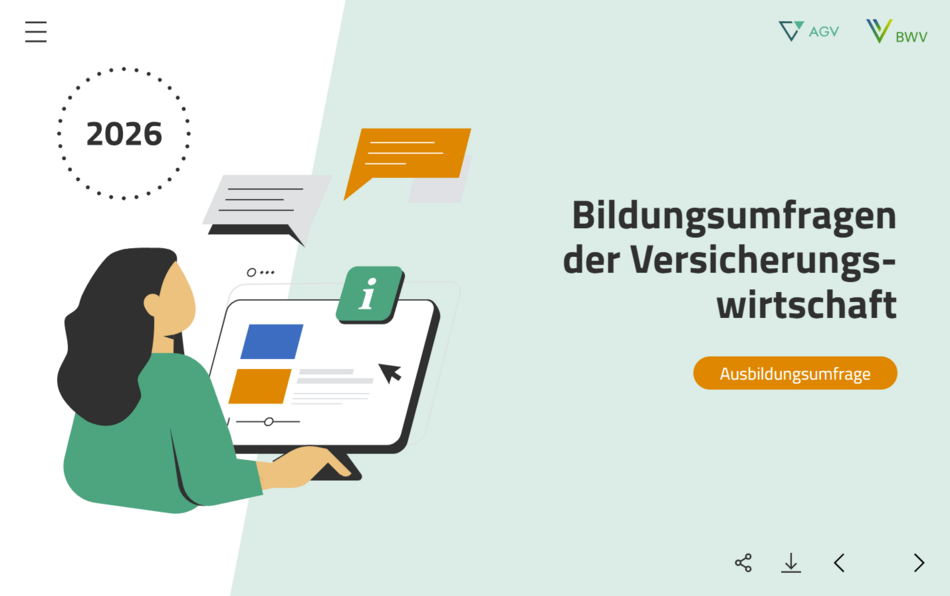 Eine Person mit längeren Haaren, die eine grüne Jacke trägt, blickt auf einen Bildschirm, auf dem Informationen zu Bildungsumfragen der Versicherungswirtschaft angezeigt werden. Es sind Sprechblasen und Symbole zu sehen, die Gespräche und Informationen darstellen.