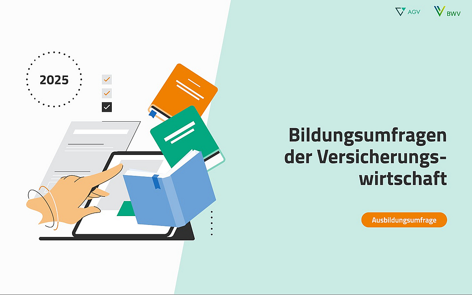 Eine Hand tippt auf ein Tablet, während mehrere bunt illustrierte Bücher und ein Dokument um das Tablet herum schweben. Rechts steht der Text „Bildungsumfragen der Versicherungswirtschaft“ mit einem Button „Ausbildungsumfrage“ darunter. Das Jahr 2025 ist ebenfalls angegeben.
