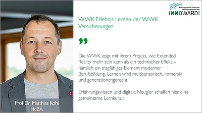 Bildbeschreibung: Professor Dr. Matthias Kohl, der HDBA repräsentiert, spricht über das Projekt der VWVK, das Extended Reality in der modernen Berufsausbildung integriert. Es fördert multisensorisches und generationenübergreifendes Lernen sowie eine gemeinsame Lernkultur durch den Austausch von Erfahrungen und Neugier.