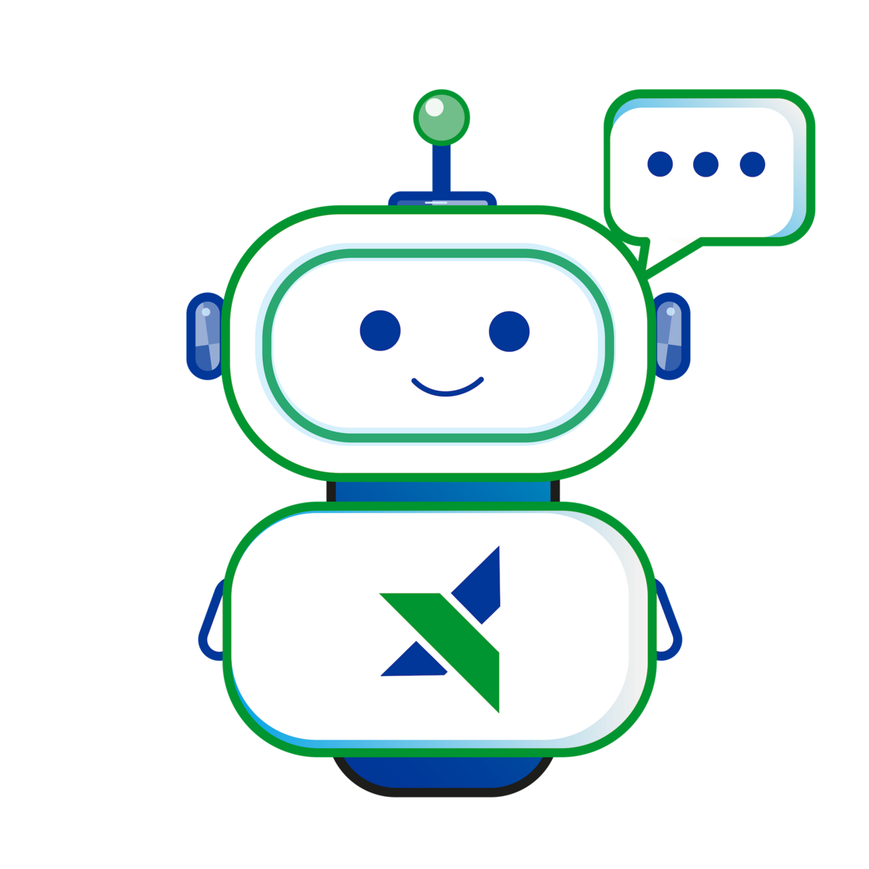 Ein freundlicher, cartoonartiger Roboter mit einem lächelnden Gesicht. Der Roboter trägt ein Schild mit einem Logo, das ein grünes und blaues Symbol zeigt. Er hat eine Sprechblase mit drei Punkten, die darauf hinweisen, dass er bereit ist, zu kommunizieren.