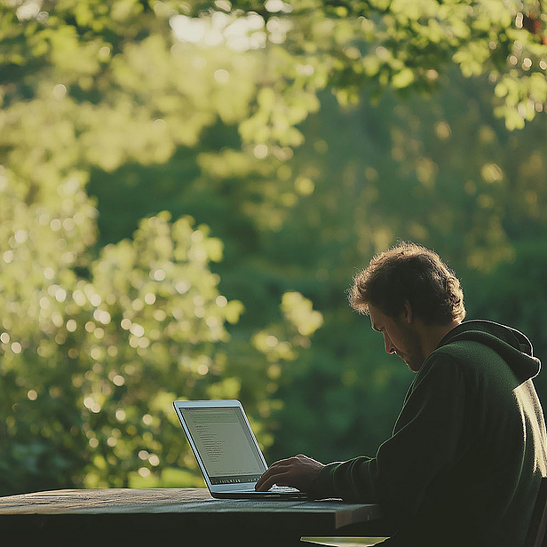 Eine Person sitzt an einem Tisch im Freien und arbeitet an einem Laptop. Der Hintergrund ist von grünen Bäumen und leichtem Sonnenlicht geprägt, was eine ruhige, natürliche Atmosphäre schafft.