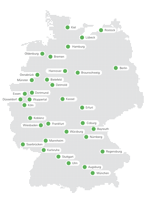 Die Abbildung zeigt eine Karte von Deutschland mit mehreren Städten, die durch grüne Punkte markiert sind. Die Städte umfassen unter anderem Berlin, Hamburg, München und Frankfurt. Die Karte ist in Grautönen gehalten und hebt die Lage der Städte visuell hervor.